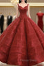 Burgundy Ball Gown Sequins Straps Backless Wedding Dresses