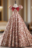 Burgundy Ball Gown Square Puff Sleeve Prom Dresses