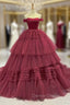 Burgundy Ball Gown Tulle Off the Shoulder Pleats Prom Dresses