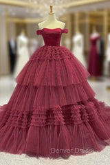 Burgundy Ball Gown Tulle Off the Shoulder Pleats Prom Dresses