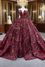 Burgundy Ball Gown Tulle Sequins Long Sleeve Prom Dresses