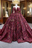Burgundy Ball Gowns Tulle Sequins Long Sleeve Prom Dresses