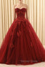 Burgundy Ball Gowns Tulle Sweetheart Appliques Wedding Dresses