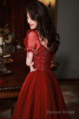 Burgundy Beaded Chic Long A-Line Prom Dress, Cute Short Sleeve Party Dress