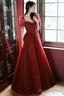 Burgundy Beaded Chic Long A-Line Prom Dress, Cute Short Sleeve Party Dress