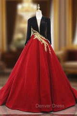 Burgundy Black Velvet Long Sleeve Beading Prom Dresses