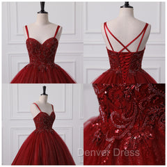 Burgundy Bling Tulle Ball gowns Long Prom Dresses with Embroidered Sequins