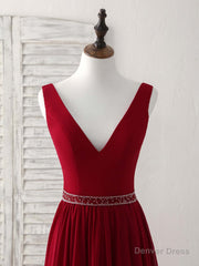 Burgundy Chiffon V Neck Beads Long Prom Dress Burgundy Evening Dress