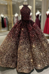 Burgundy Gold Sequins Halter Prom Dresses