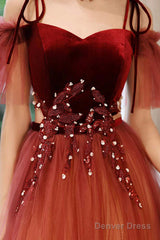 Burgundy Gradient Tulle Long Prom Dress, Lovely Spaghetti Strap Evening Dress