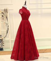 Burgundy High Low Lace Long Prom Dress, Burgundy Evening Dress