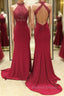 Burgundy high neck lace mermaid long prom Dress, lace Prom Dresses