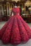 Burgundy High Neck Long Sleeve Appliques Prom Dresses