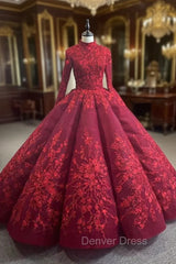 Burgundy High Neck Long Sleeve Appliques Prom Dresses