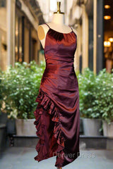Burgundy Homecoming Dresses Vintage Backless Ruffle Asymmetrical Midi Length Party Dresses