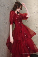 Burgundy Lace High Low Prom Dress, A-Line 1/2 Sleeve Evening Party Dress