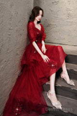 Burgundy Lace High Low Prom Dress, A-Line 1/2 Sleeve Evening Party Dress