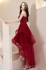 Burgundy Lace High-Low Prom Dress, Lovely Homecoming Party Dress