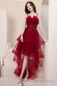 Burgundy Lace High-Low Prom Dress, Lovely Homecoming Prom Dresses