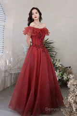 Burgundy Lace Long A-Line Prom Dress, Off The Shoulder Evening Party Dress