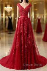 Burgundy Lace Prom Dresses with Train, Wine Red Lace Formal Evening Dresses