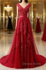 Burgundy Lace Prom Dresses with Train, Wine Red Lace Formal Evening Dresses