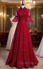 Burgundy Lace Short Sleeve Handwork Beading Prom Dresses