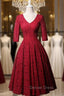 Burgundy Lace Short Sleeve V Neck Short Prom Dresses