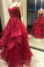 Burgundy Lace Tulle Layers Long Prom Dresses, A-Line Evening Party Dresses