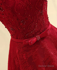 Burgundy Line Lace Long Prom Dress, Burgundy Evening Dress