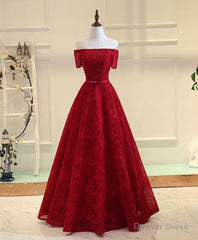Burgundy Line Lace Long Prom Dress, Burgundy Evening Dress