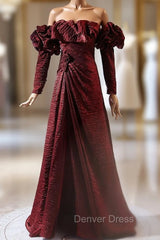 Burgundy Long Sleeve Pleats Prom Dresses