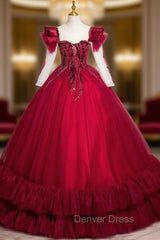 Burgundy Long Sleeve Tulle Sequins Quinceanera Dresses