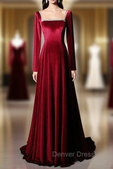 Burgundy Long Sleeve Velvet Beading Prom Dresses
