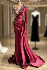 Burgundy Long Sleeves Mermaid Prom Dresses With Beadings