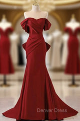 Burgundy Memraid Off the Shoulder Bow Prom Dresses