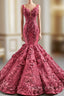 Burgundy Mermaid 3D Appliques Beading Straps Prom Dresses