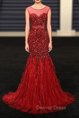 Burgundy Mermaid Beading Sequins Feather Prom Dresses