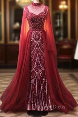 Burgundy Mermaid High Neck Beading Prom Dresses