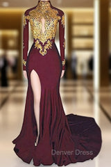 Burgundy mermaid High Neck Long Sleeve Appliques Prom Dresses