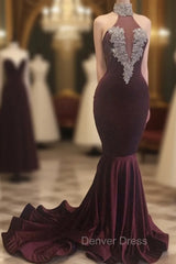 Burgundy Mermaid High Neck Velvet Prom Dresses