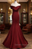 Burgundy Mermaid Long Prom Dress, Off the Shoulder V Neck Prom Dresses