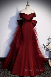Burgundy Mermaid Long Prom Dresses, Off the Shoulder V-Neck Formal Evening Dresses