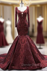 Burgundy Mermaid Long Sleeve V-neck Appliques Prom Dresses