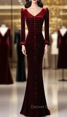 Burgundy Mermaid Long Sleeve Velvet Prom Dresses