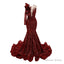 Burgundy Mermaid One Sleeve Prom Dress Sequined Lace Jewel Ruffles Prom Dresses with Appliques