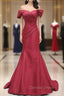Burgundy Mermaid Satin Off the Shoulder Pleats Prom Dresses