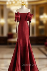 Burgundy Mermaid Satin Off the Shoulder Prom Dresses