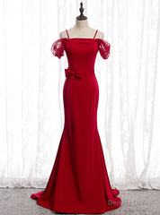 Burgundy Mermaid Satin Spagehtti Straps Prom Dress With Sash