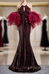 Burgundy Mermaid Sequins Halter Cut Out Prom Dresses